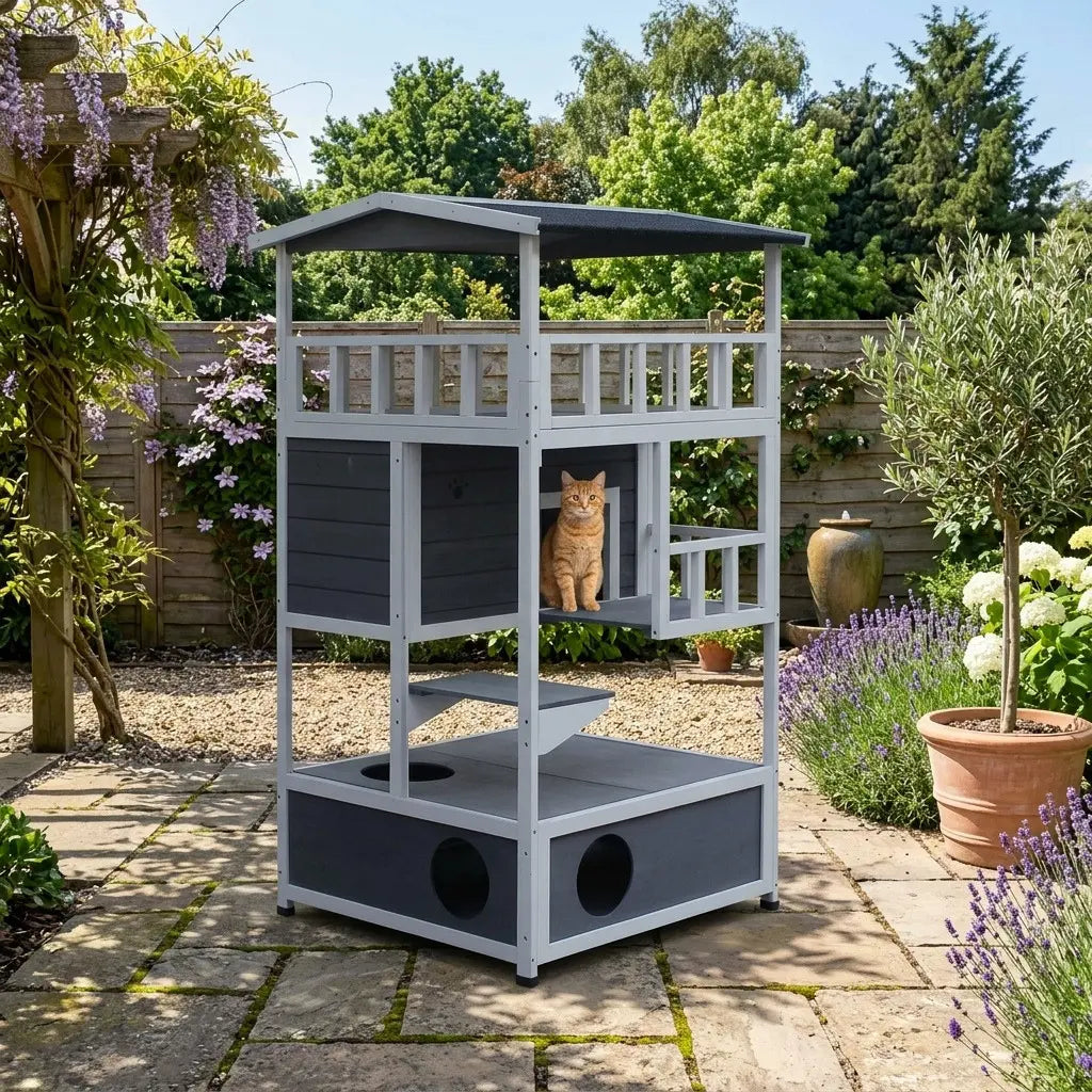 Grande maison chat extérieur en bois offrant plusieurs niveaux de jeu et de repos dans un environnement naturel.