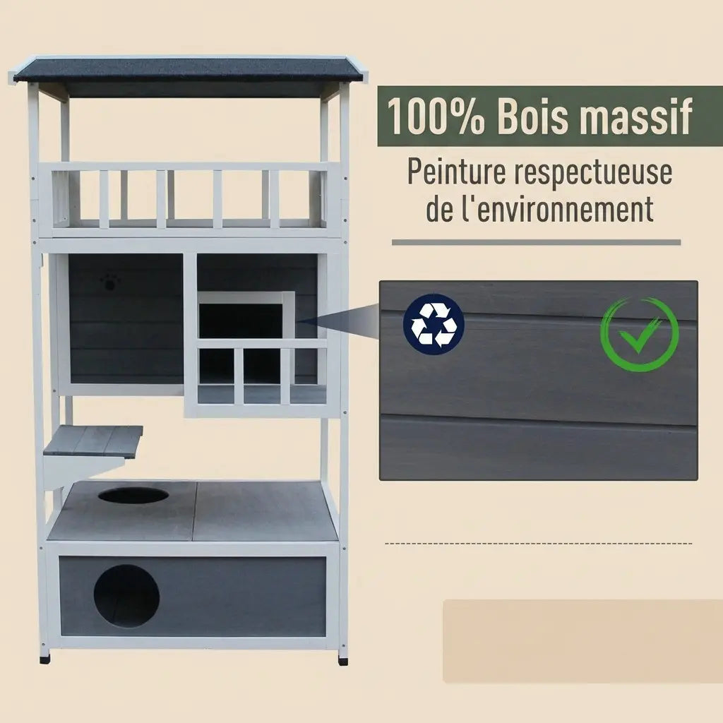 Grande maison chat extérieur en bois massif avec peinture respectueuse pour un habitat durable et harmonieux.