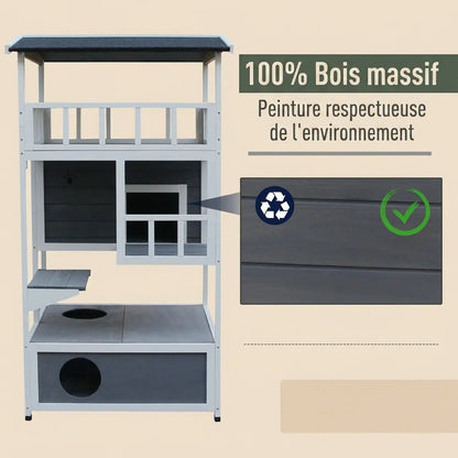 Grande maison chat extérieur en bois massif avec peinture respectueuse pour un habitat durable et harmonieux.