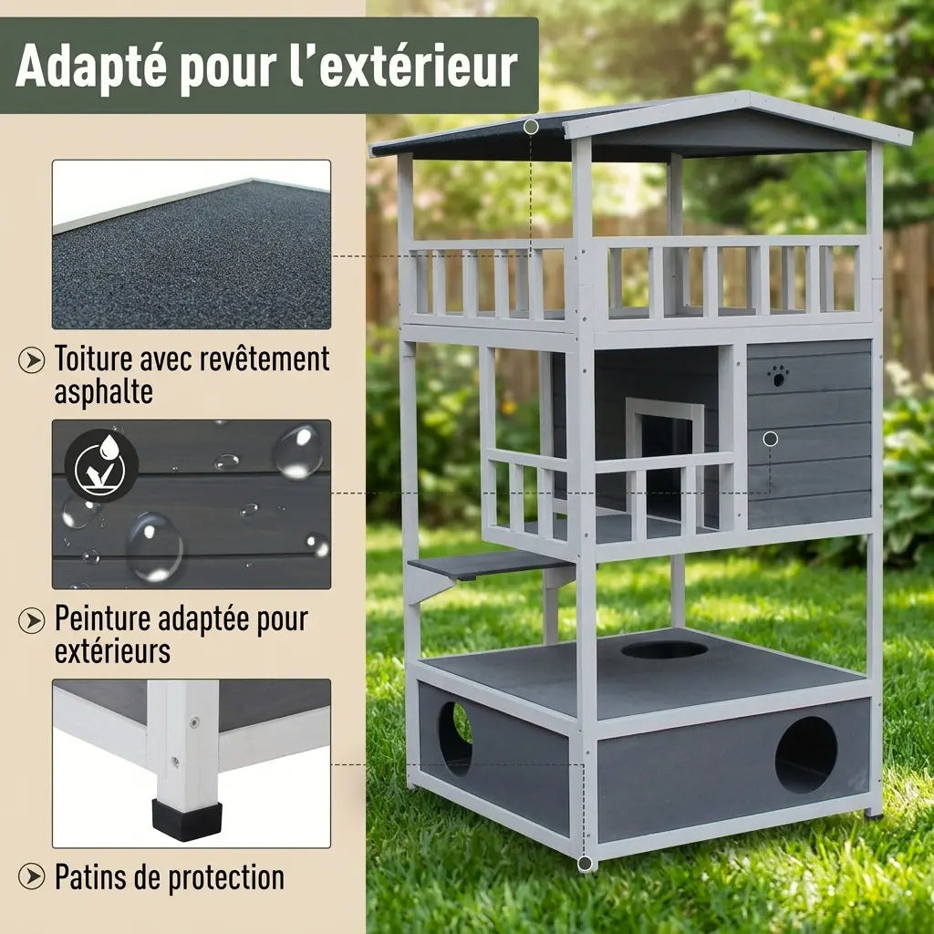 Grande maison chat extérieur en bois avec toiture résistante et finitions adaptées pour une utilisation en extérieur.
