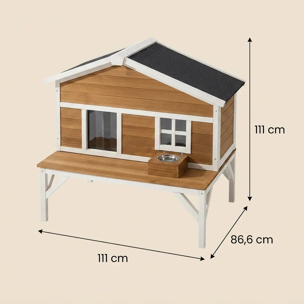 Grande maison chat extérieur en bois avec plateforme surélevée et bol intégré pour un espace pratique et élégant.