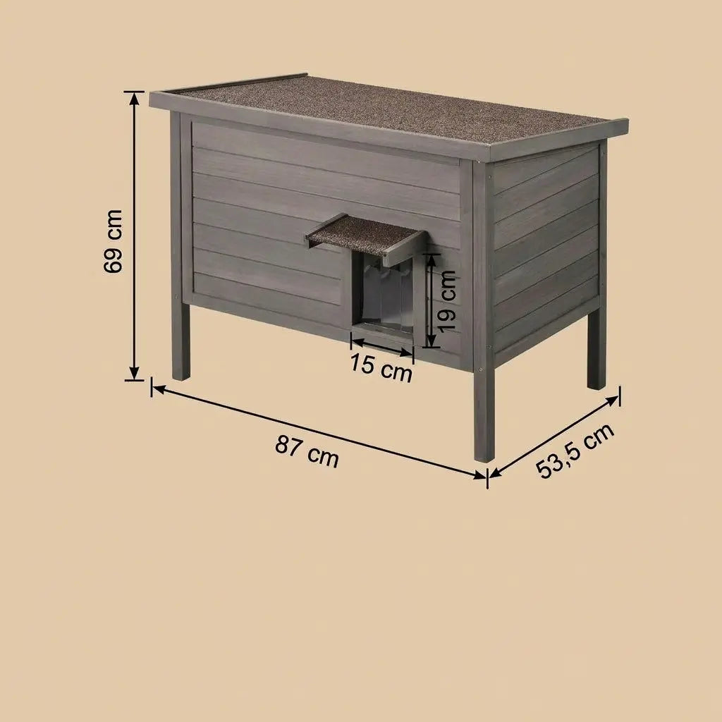 Grande maison chat extérieur isolée avec porte PVC transparente et toit étanche bitumé.
