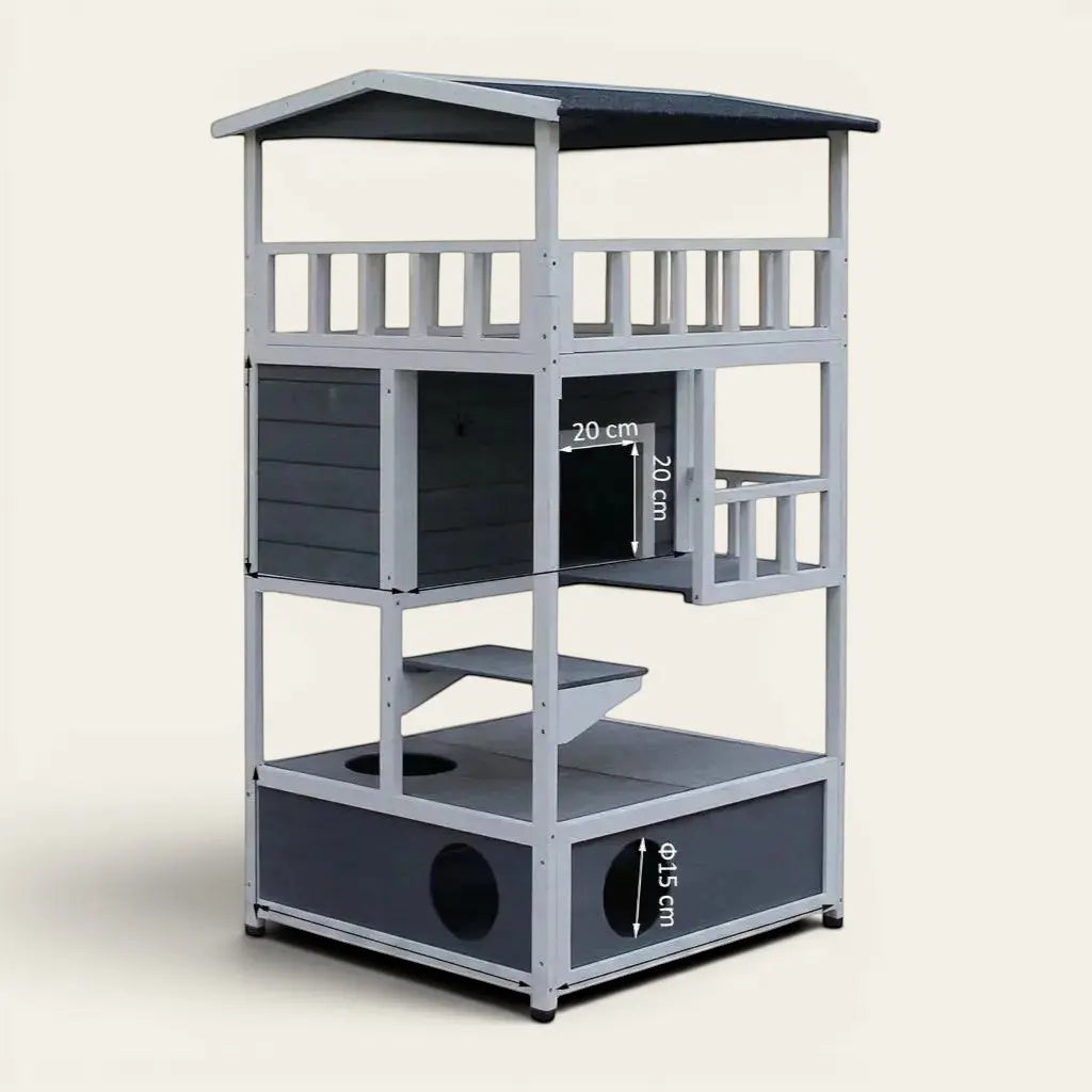Grande maison pour chat d’extérieur en bois avec espace surélevé, toit protecteur, plateformes de repos, cachette intégrée et accès sécurisé pour le confort de votre chat toute l’année.