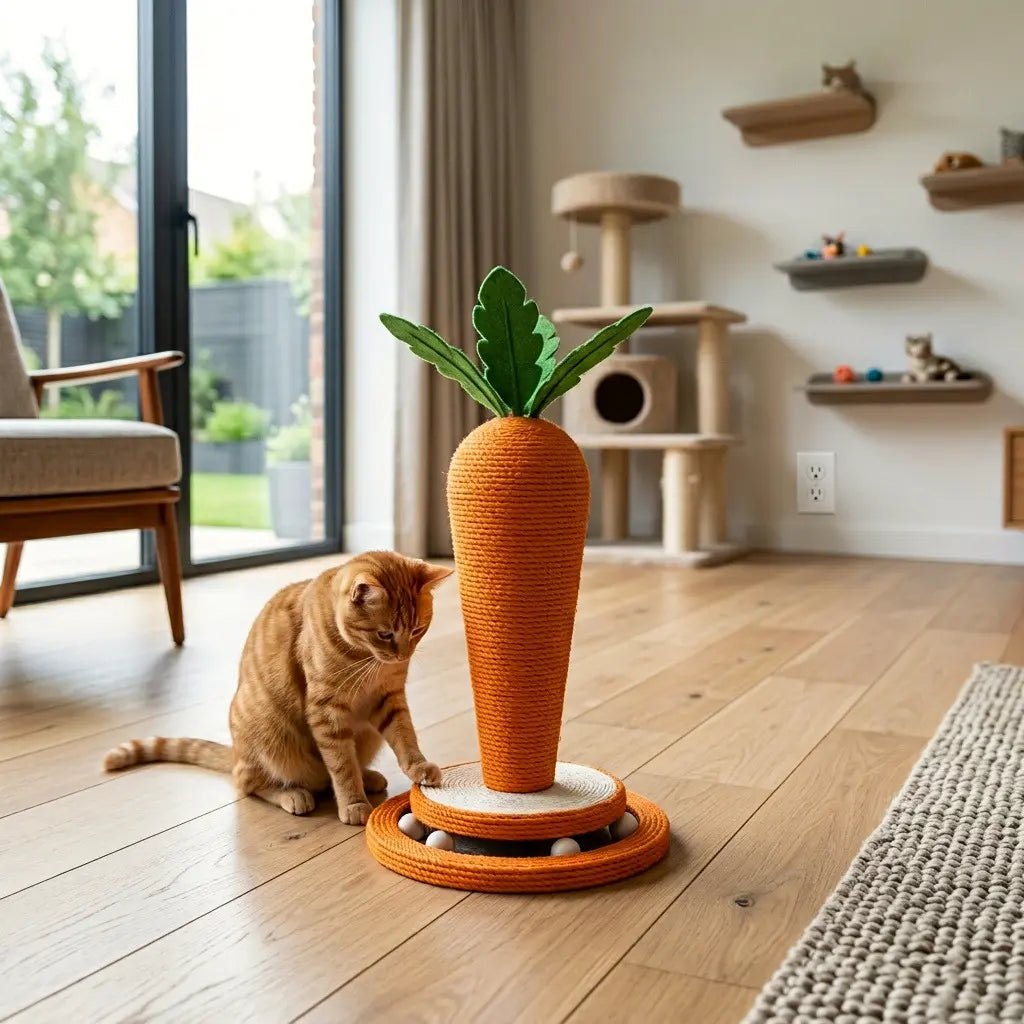 chat jouant avec un grattoir pour chat en forme de carotte dans une maison