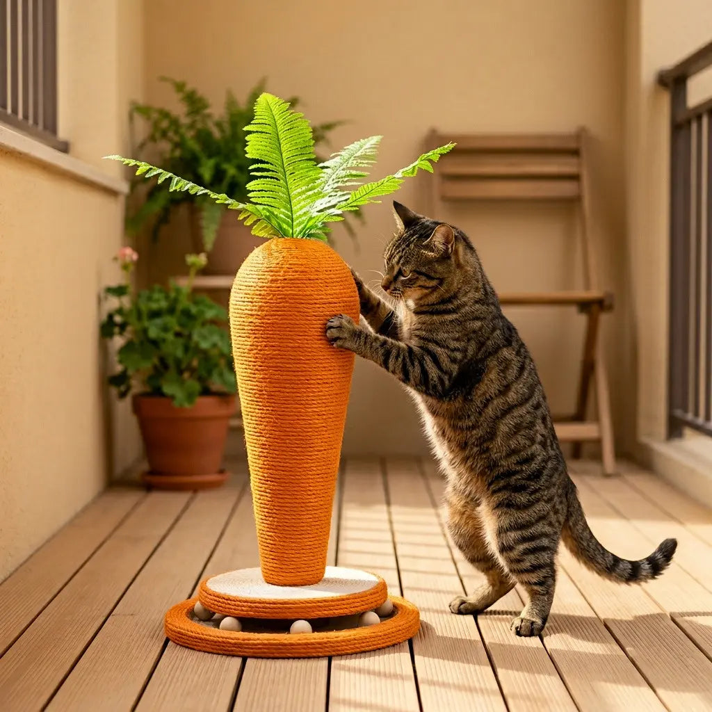 chat utilisant un grattoir pour chat en forme de carotte pour faire ses griffes
