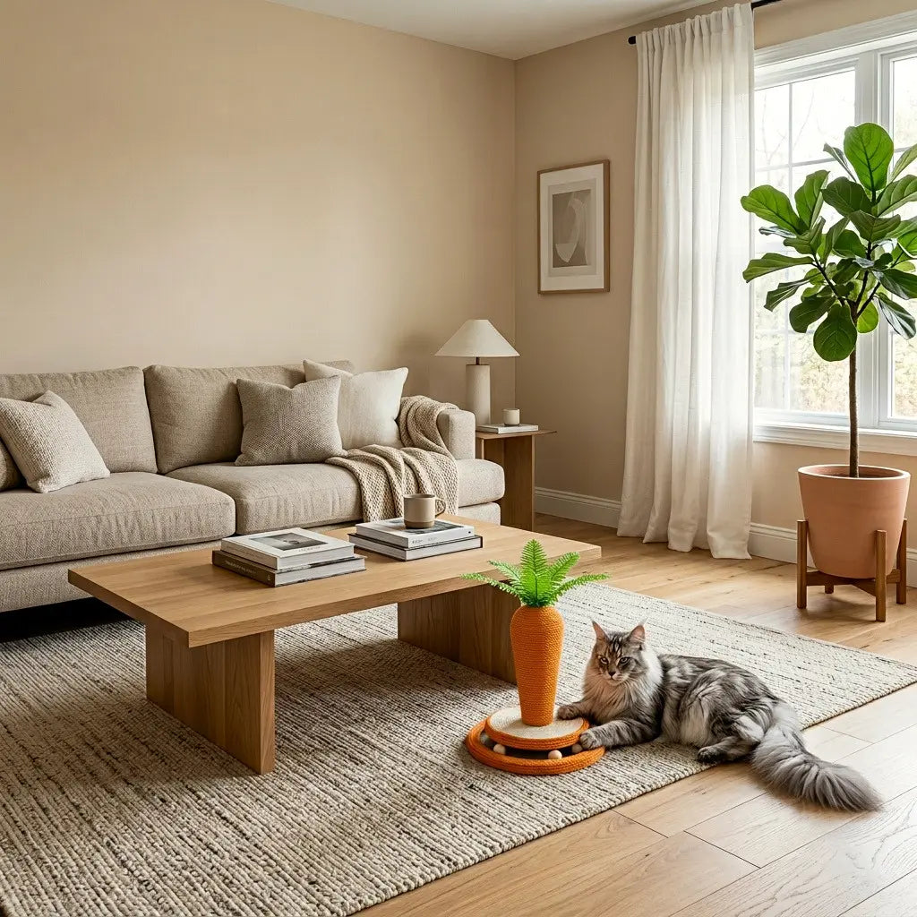 grattoir pour chat design carotte posé dans un salon moderne avec chat allongé