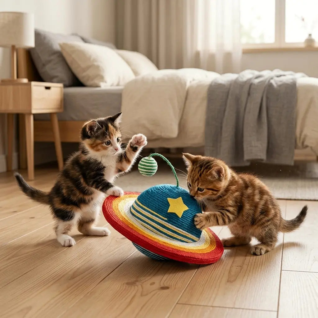 deux chatons jouant avec grattoir pour chat planète