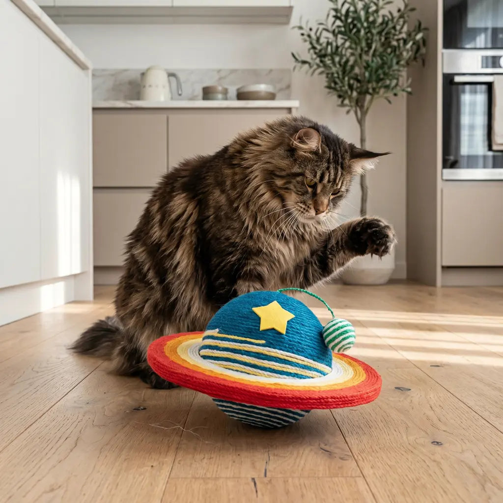 chat adulte jouant avec grattoir pour chat planète coloré