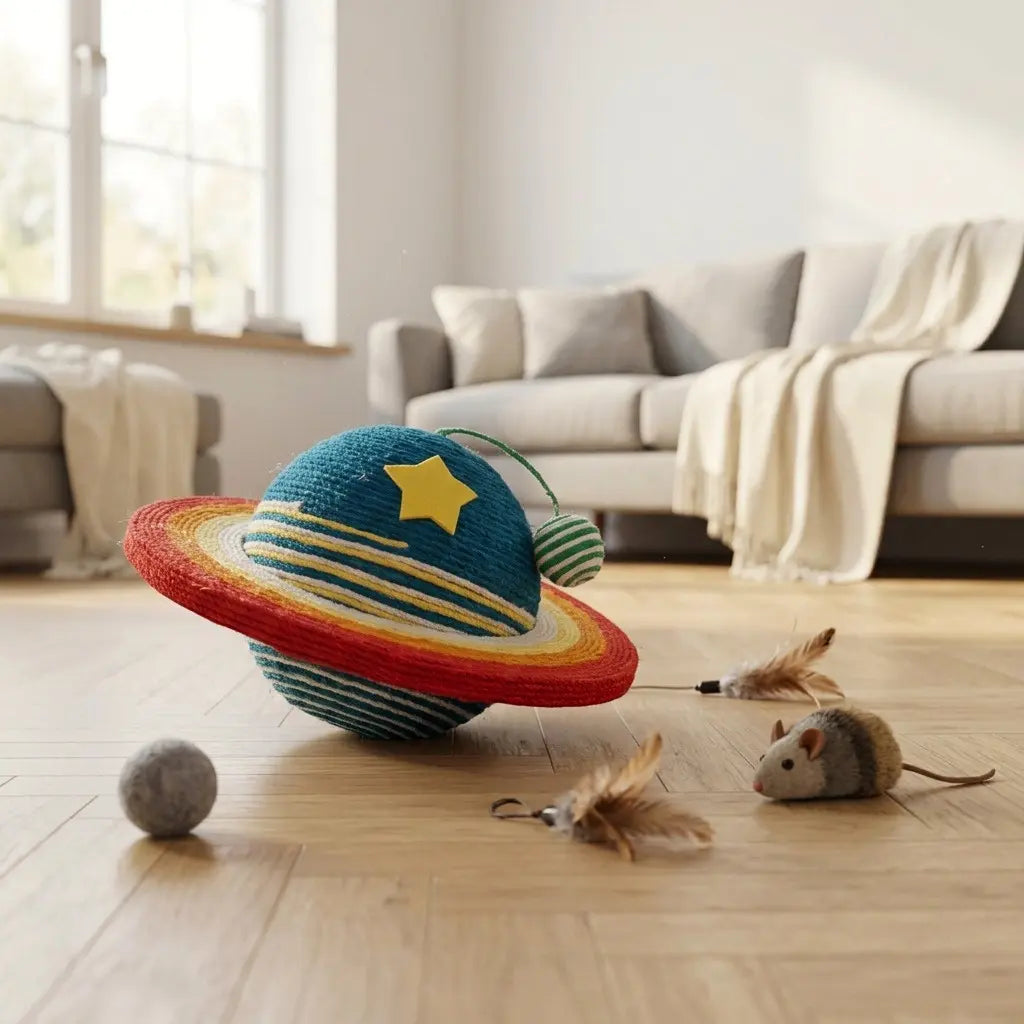 grattoir pour chat planète posé au sol dans un salon lumineux