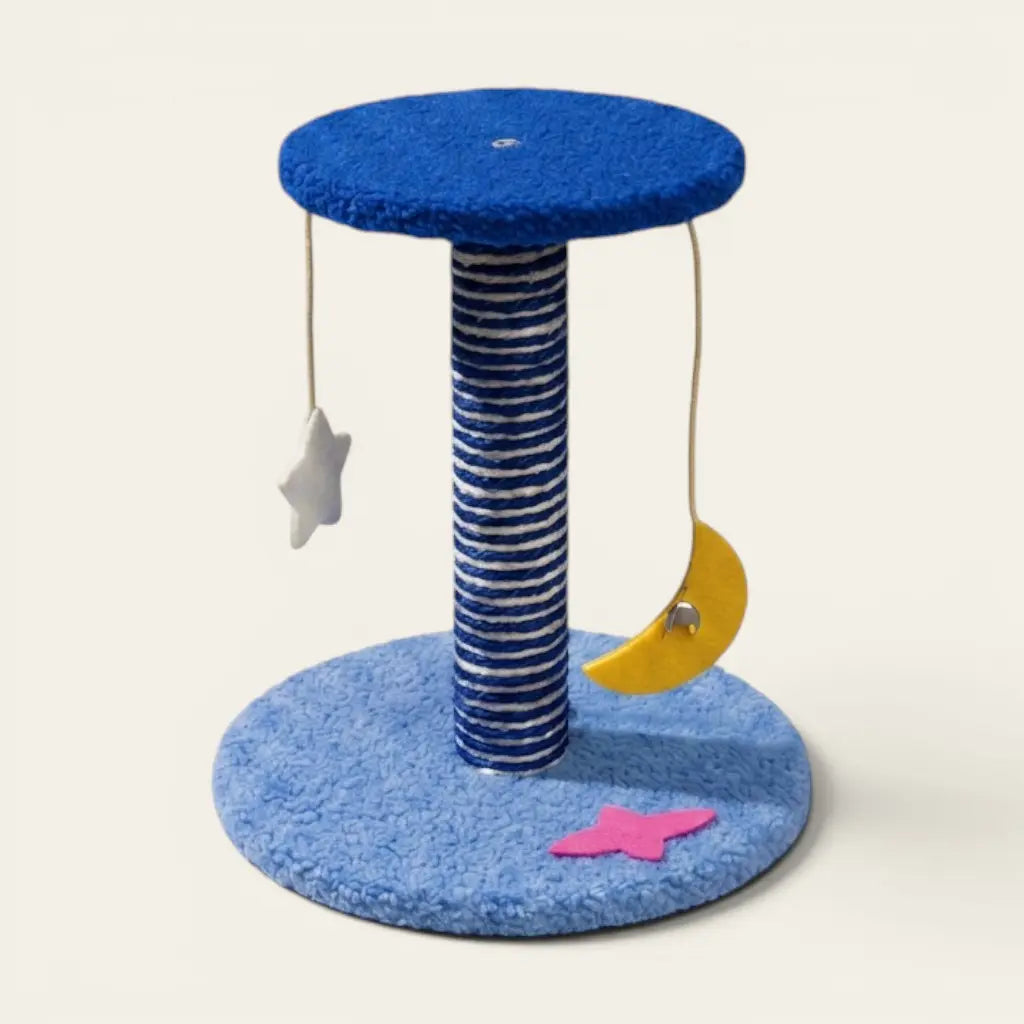 Grattoir pour chat planète bleu avec poteau en sisal, jouets lune et étoile suspendus pour stimuler le jeu