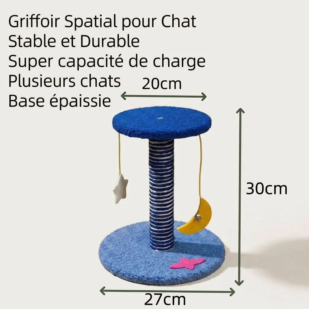 Grattoir pour chat planète avec dimensions détaillées, poteau à griffer en sisal et jouets suspendus thématiques