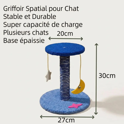 Grattoir pour chat planète avec dimensions détaillées, poteau à griffer en sisal et jouets suspendus thématiques