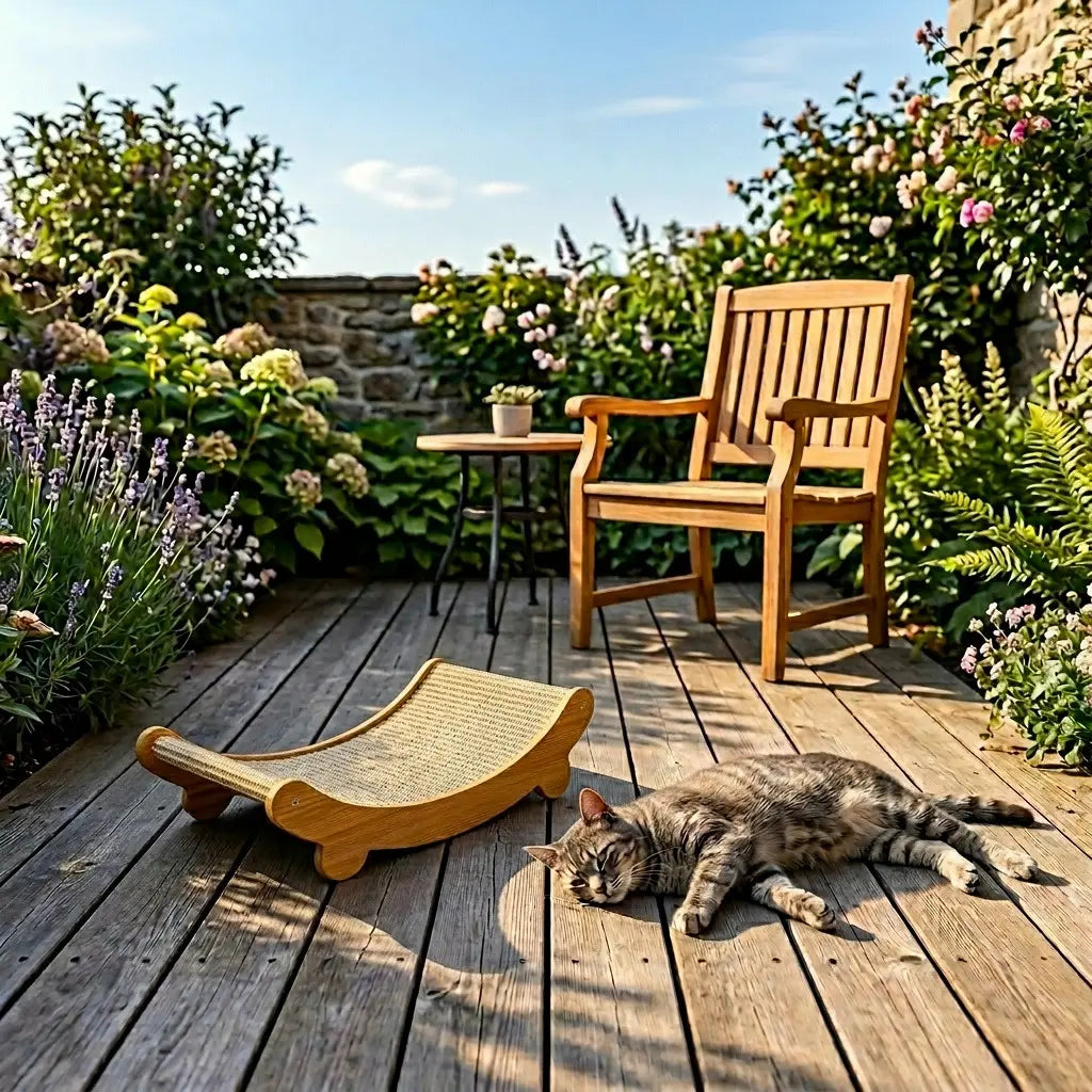 chat se reposant à côté d’un grattoir sisal pour chat sur une terrasse extérieure