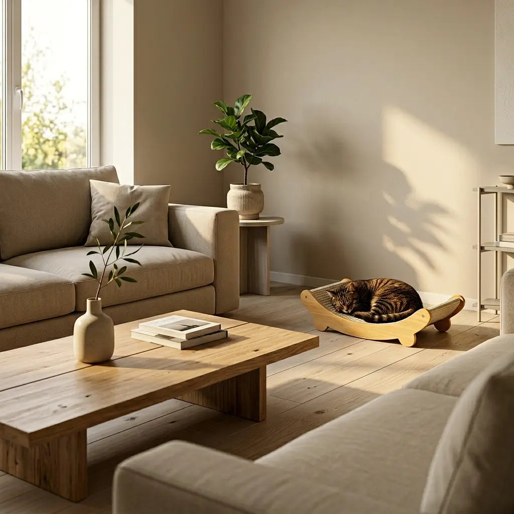 grattoir sisal pour chat design dans un salon moderne avec chat en repos