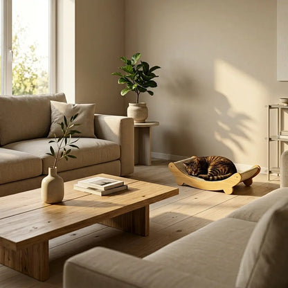 grattoir sisal pour chat design dans un salon moderne avec chat en repos