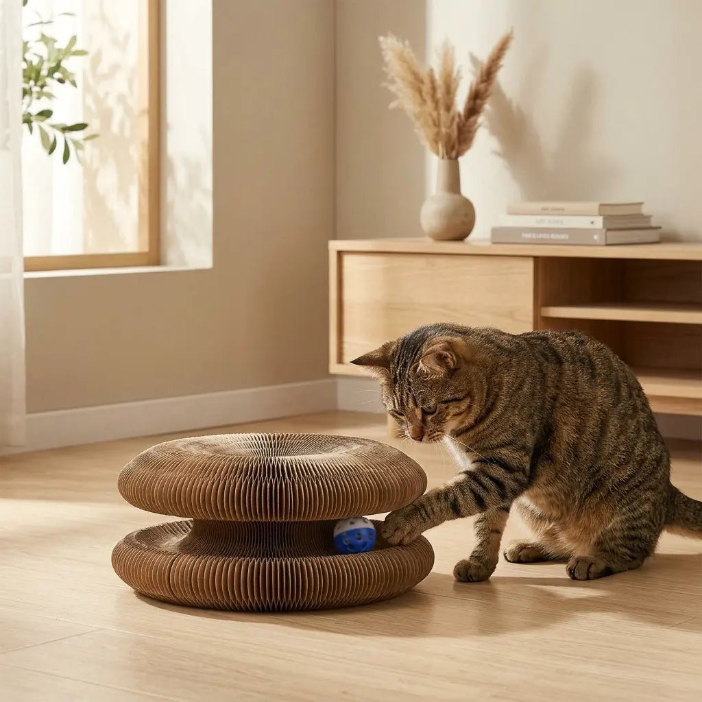 Chat jouant avec un griffoir accordéon 3-en-1 avec balle interactive intégrée