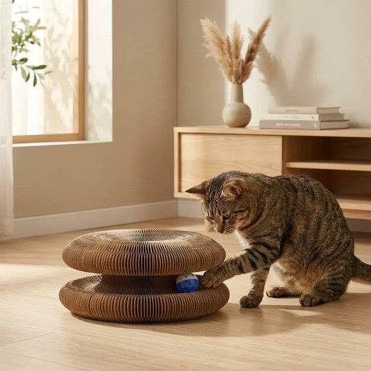 Chat jouant avec un griffoir accordéon 3-en-1 avec balle interactive intégrée