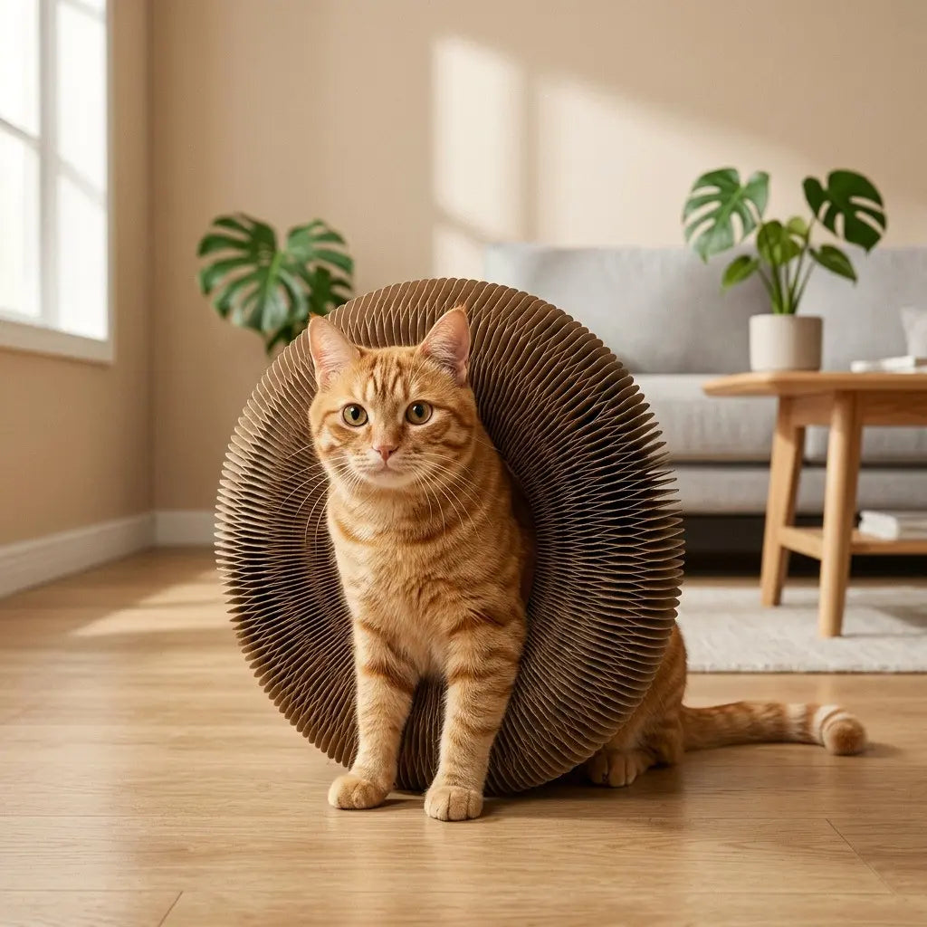 Chat assis dans un griffoir accordéon 3-en-1 servant de couchage et jouet interactif