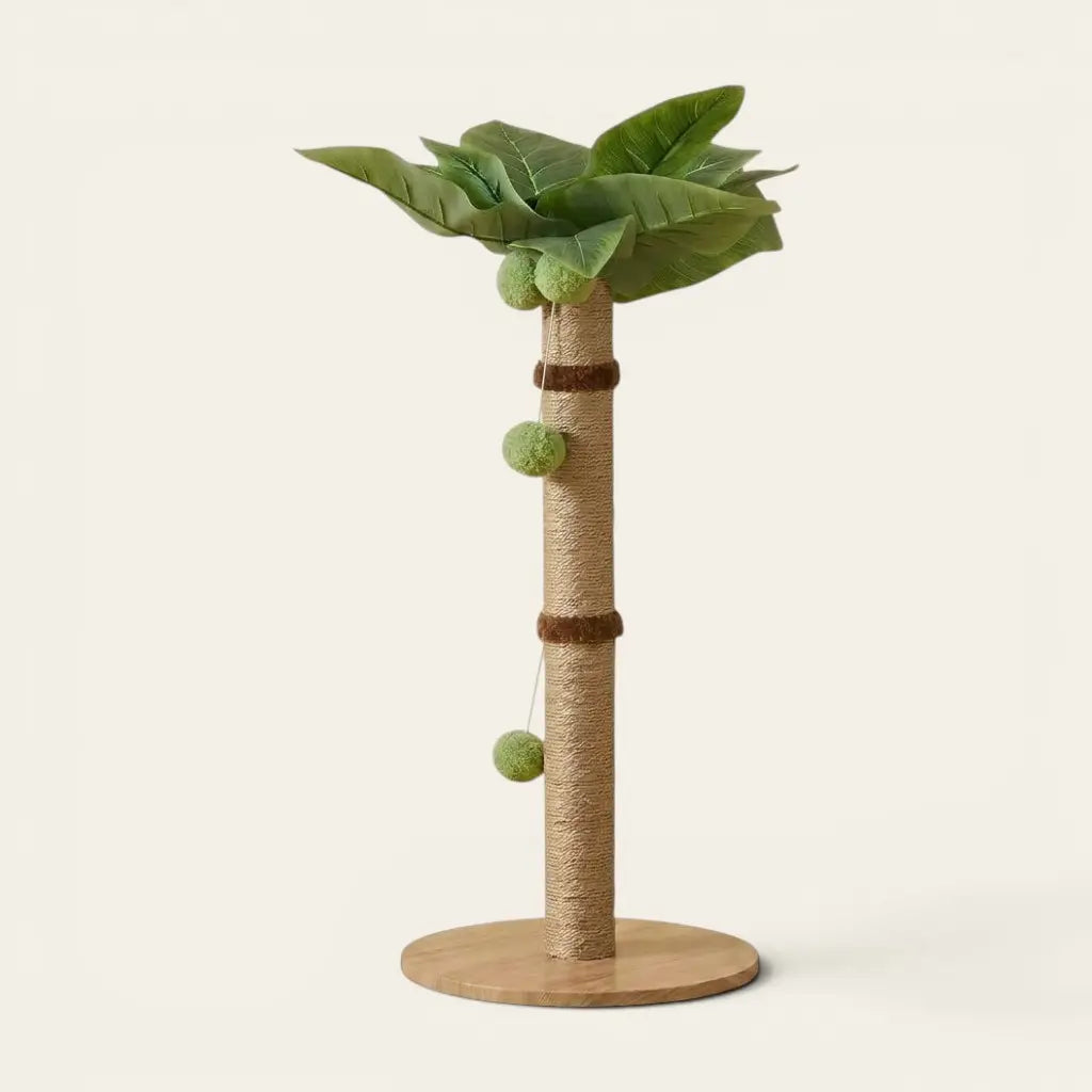 Griffoir arbre à chat en sisal avec feuilles de palmier et jouets suspendus