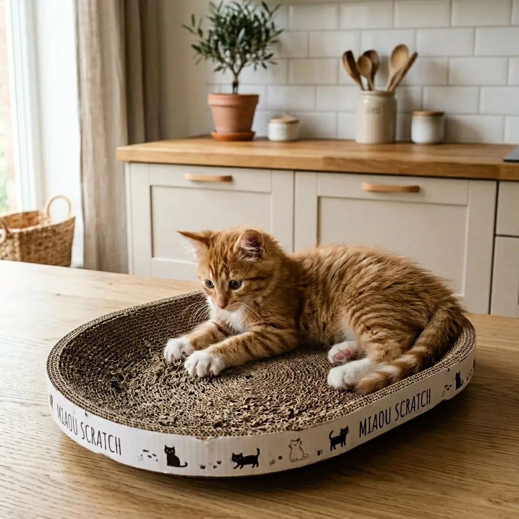 chaton utilisant griffoir pour chat en carton pour faire ses griffes