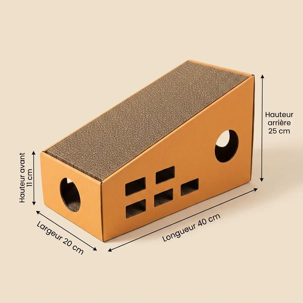 griffoir chat carton avec dimensions et structure inclinée