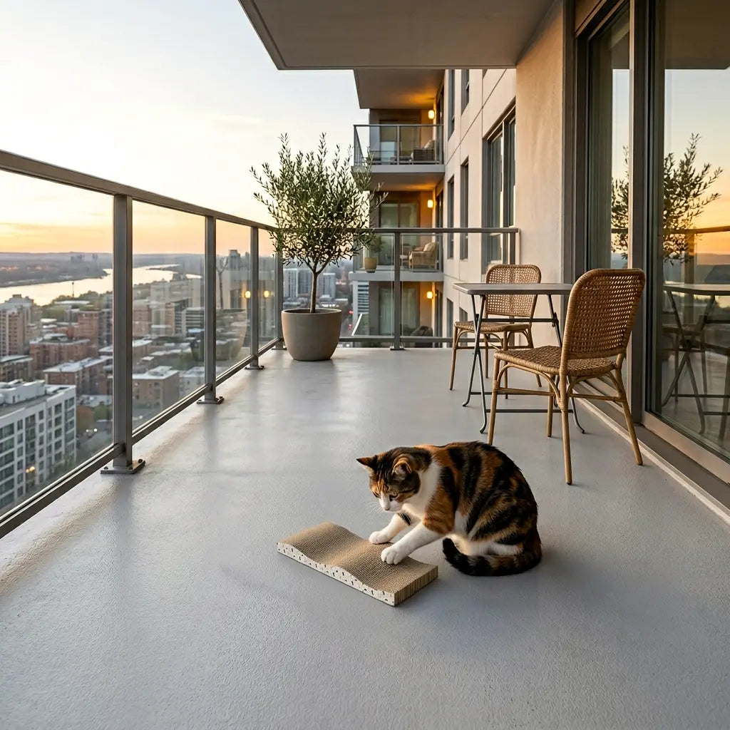 griffoir pour chat carton utilisé en extérieur sur balcon