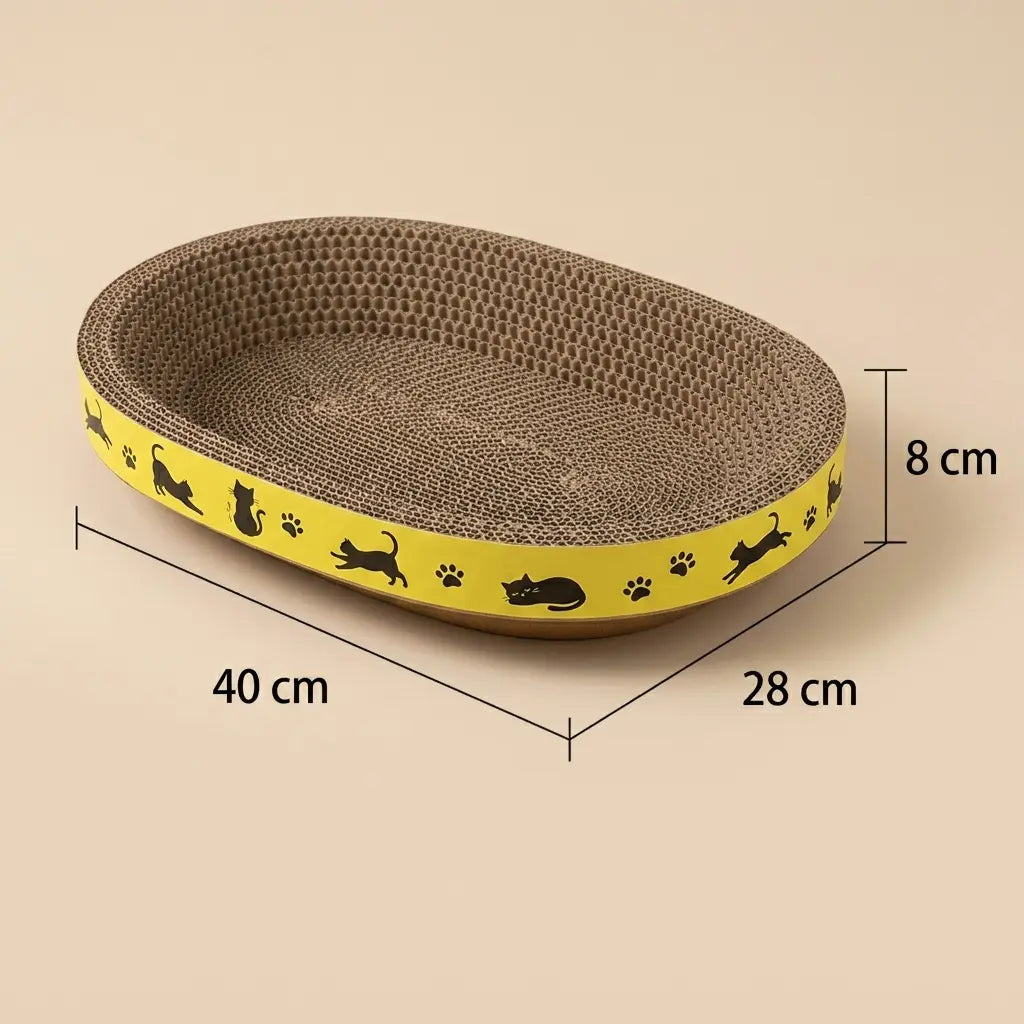 griffoir pour chat en carton ovale avec contour jaune et dimensions