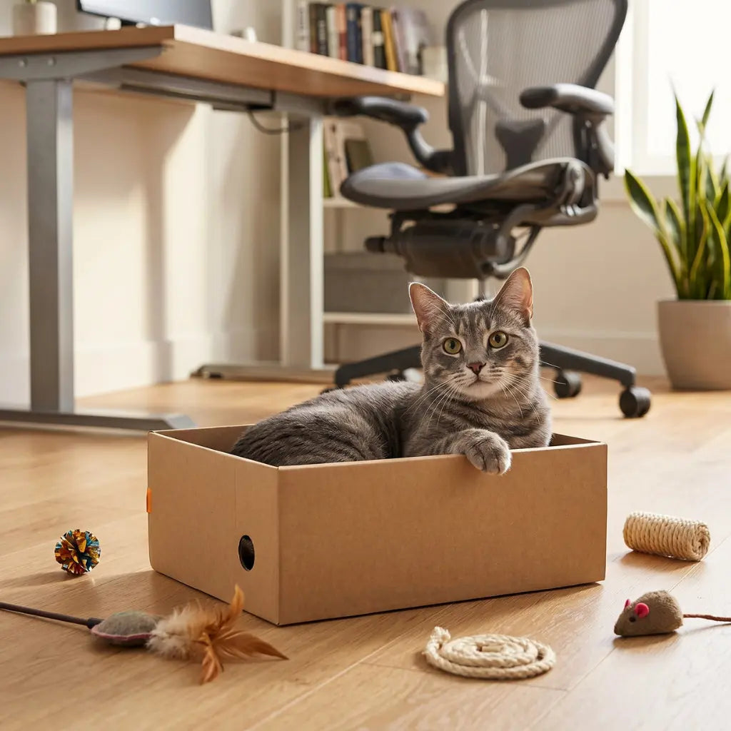chat dans griffoir chat carton servant de couchage et de jeu