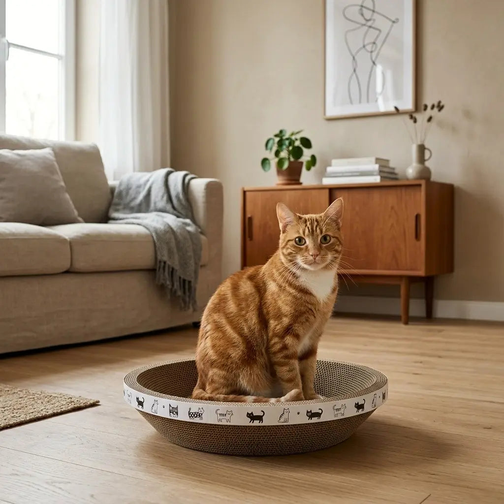 chat assis dans griffoir pour chat en carton dans un salon