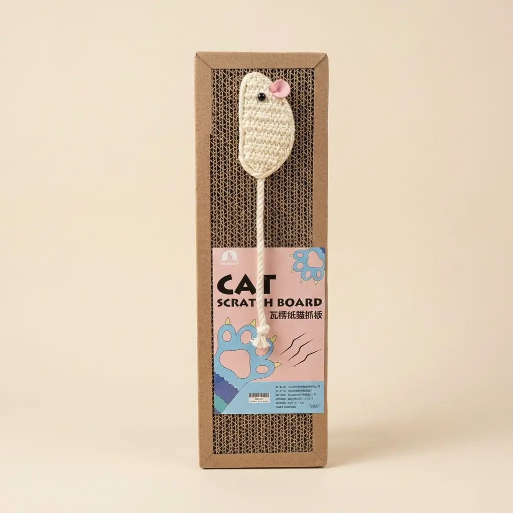 griffoir pour chat en carton avec jouet souris intégré