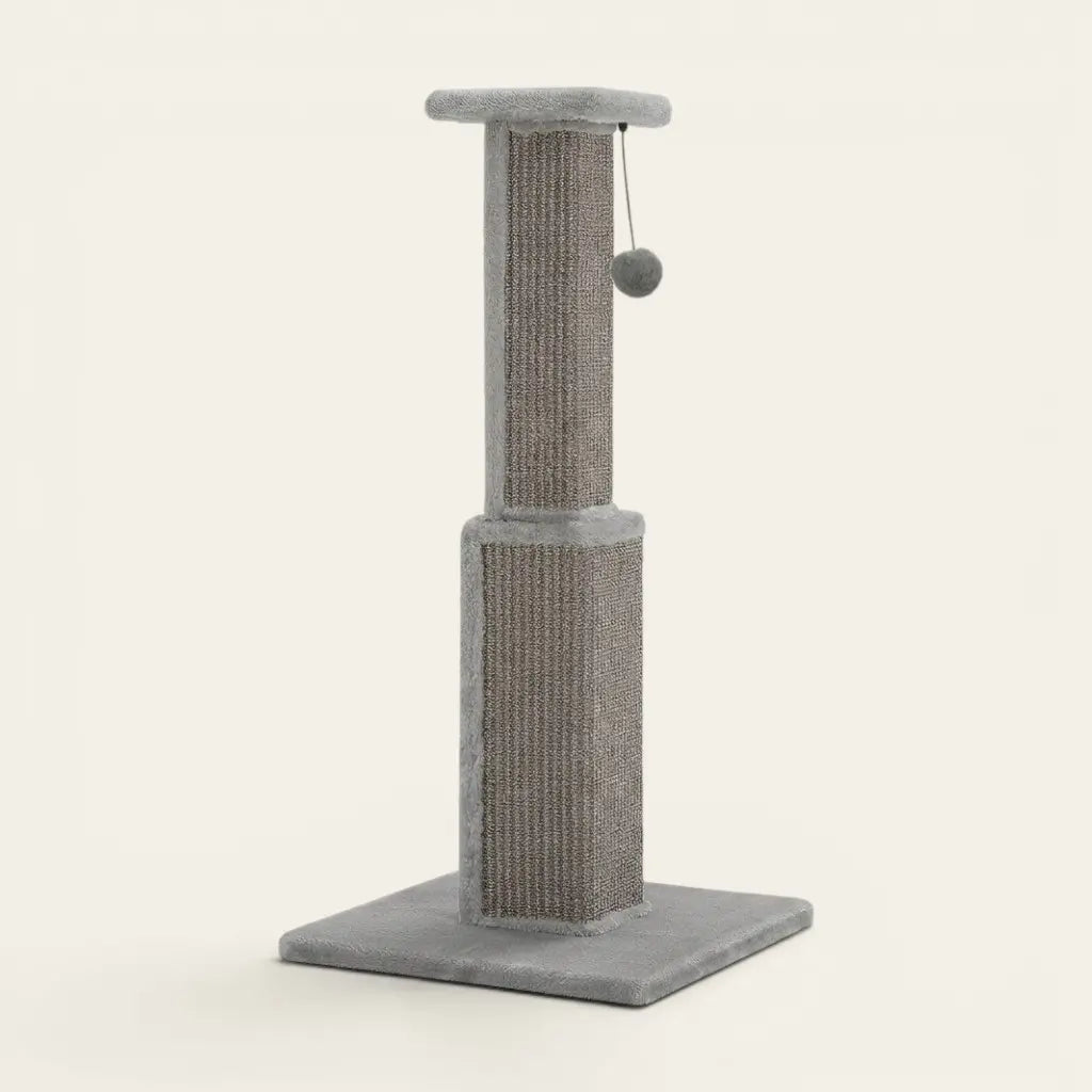 Griffoir chat design gris avec poteau à griffer et jouet suspendu