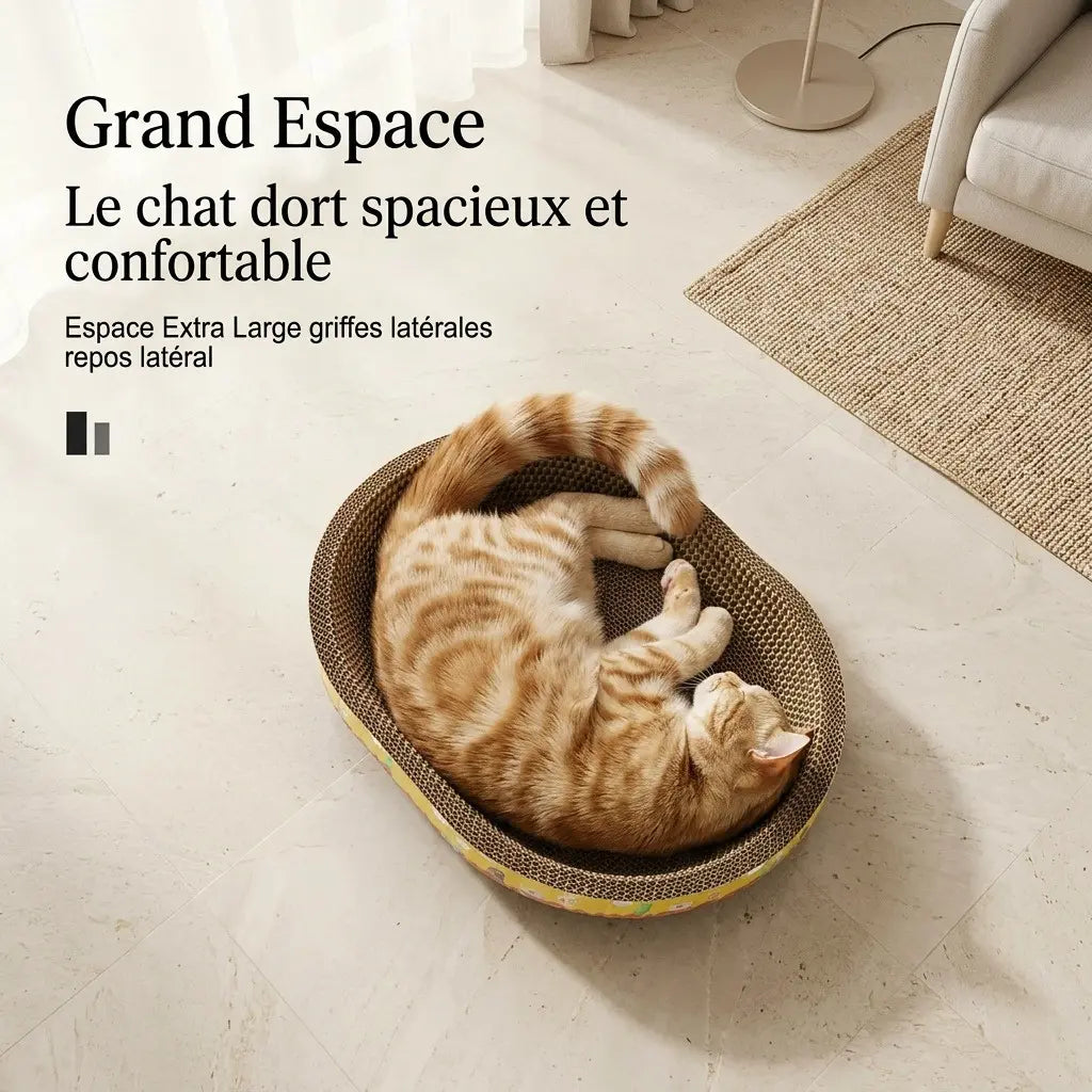 chat dormant dans griffoir pour chat en carton forme panier confortable