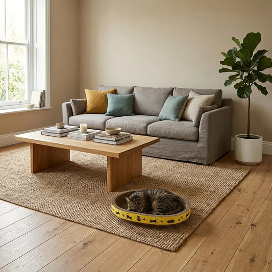 chat couché dans griffoir pour chat ovale avec contour jaune dans salon