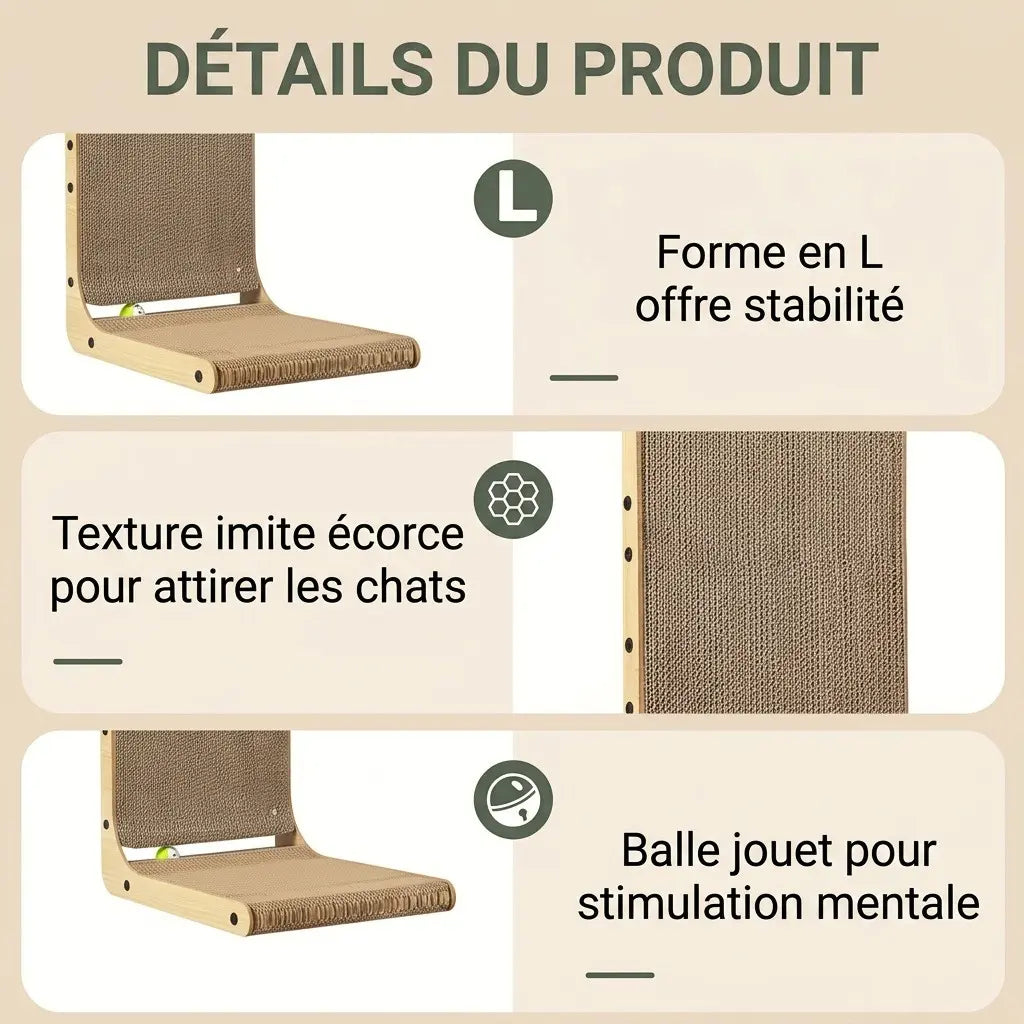 griffoir mural pour chat avec texture imitation écorce et balle intégrée