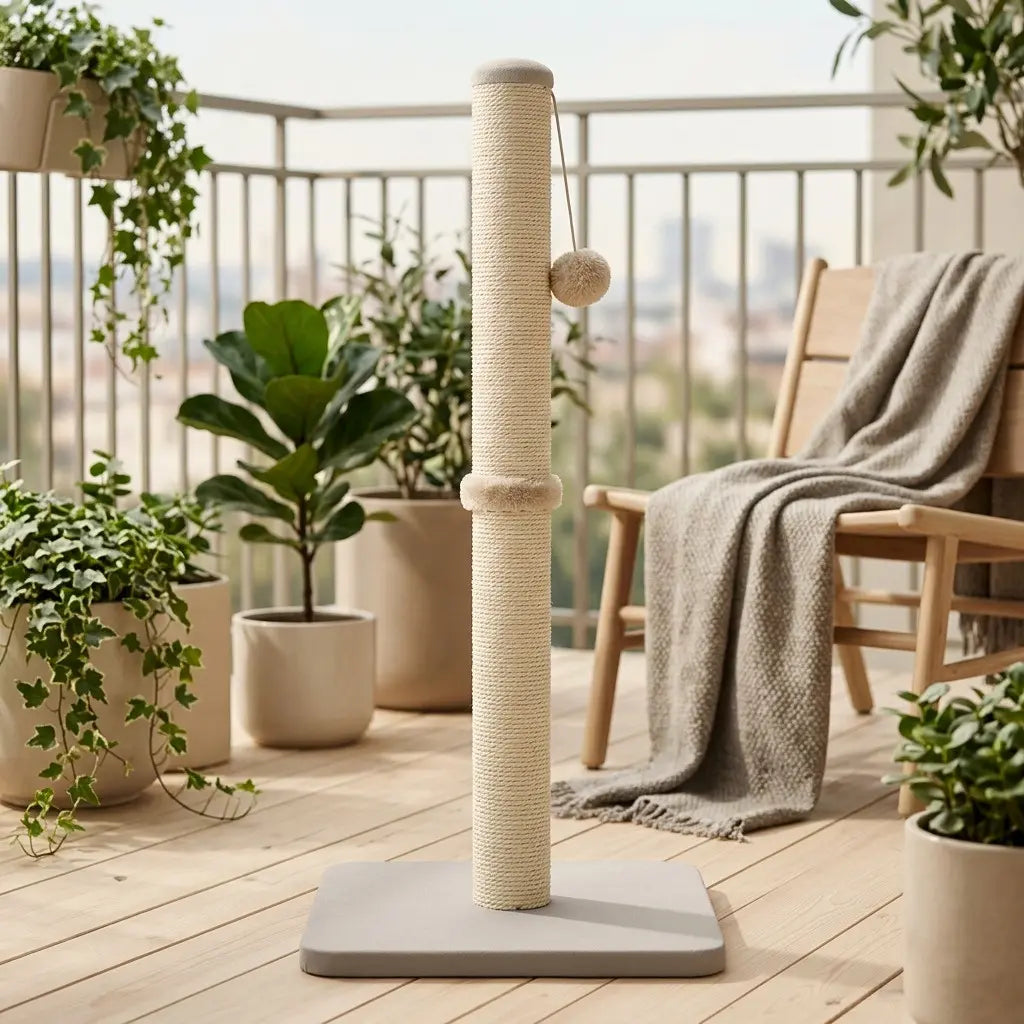 griffoir poteau chat design sur balcon avec plante et décoration naturelle