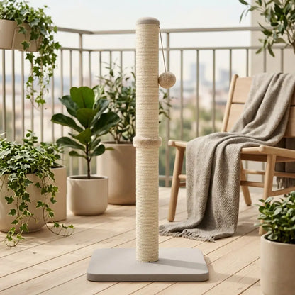 griffoir poteau chat design sur balcon avec plante et décoration naturelle