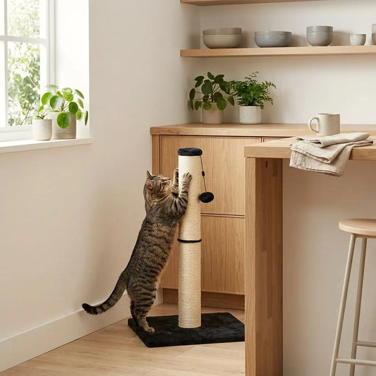 griffoir poteau chat avec chat en train de faire ses griffes debout