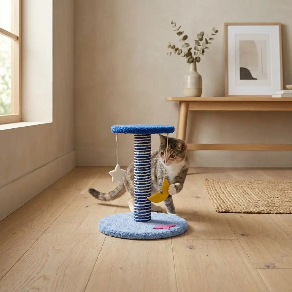 Chat jouant avec un griffoir spatial pour chat équipé de jouets suspendus