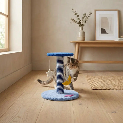 Chat jouant avec un griffoir spatial pour chat équipé de jouets suspendus