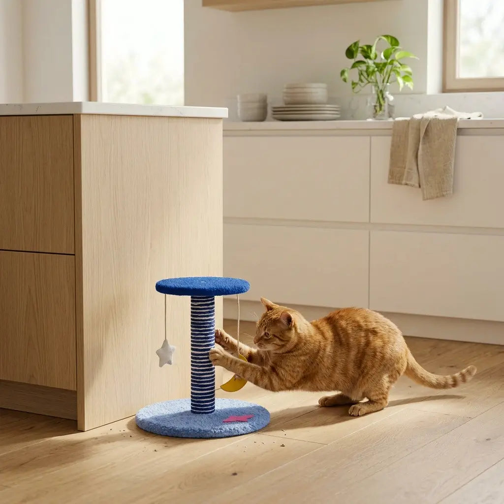 Chat faisant ses griffes sur un griffoir spatial pour chat dans une maison
