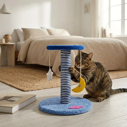 Chat utilisant un griffoir spatial pour chat avec colonne en sisal et jouets suspendus
