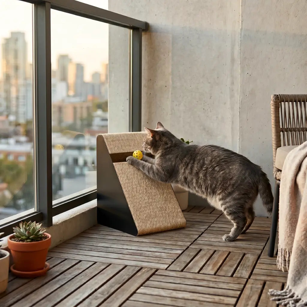 griffoir vertical chat avec balle sur balcon en utilisation