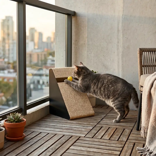 griffoir vertical chat avec balle sur balcon en utilisation
