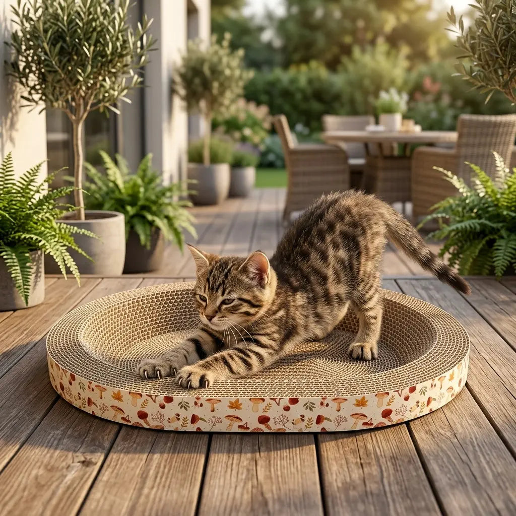 chat utilisant griffoir pour chat en carton ovale sur terrasse