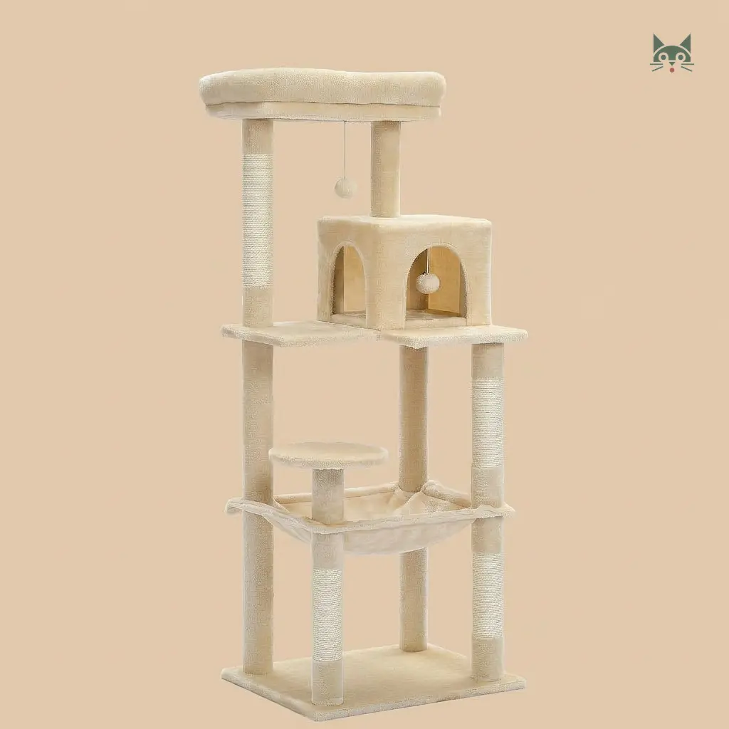 gros arbre à chat beige avec plateformes, niche et hamac, structure stable et design élégant  