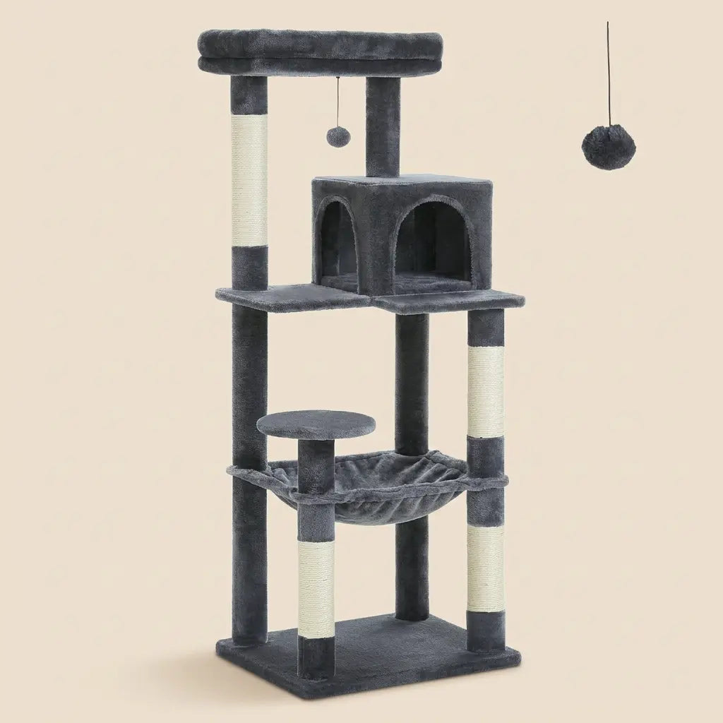gros arbre à chat gris avec hamac, niche et poteaux en sisal, idéal pour repos et jeu du chat  