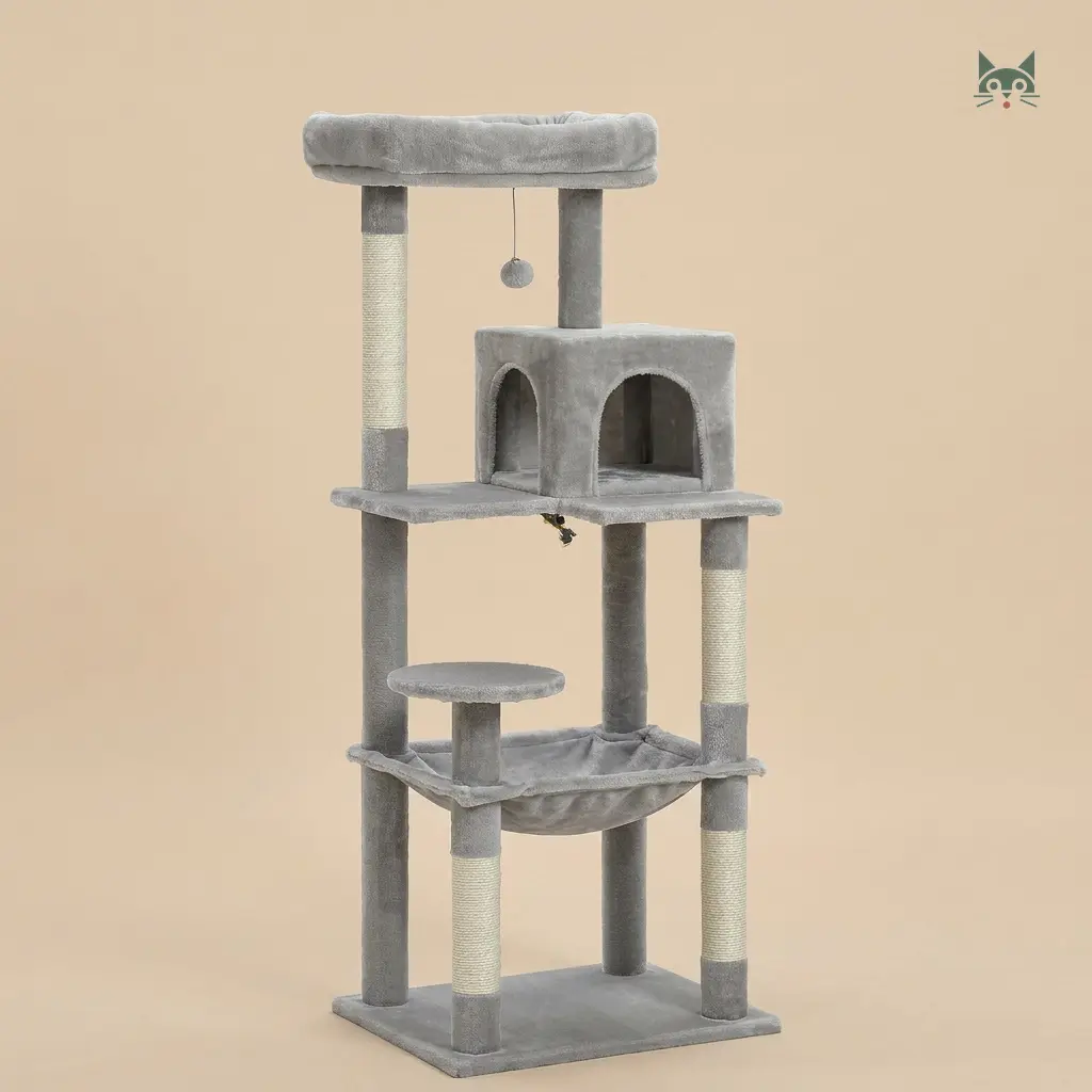 gros arbre à chat gris avec niche double, plateforme haute et hamac confortable pour chat  