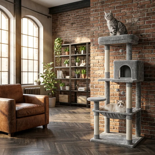 gros arbre à chat gris dans un salon style loft avec briques, plateforme haute et espaces de repos pour chats  