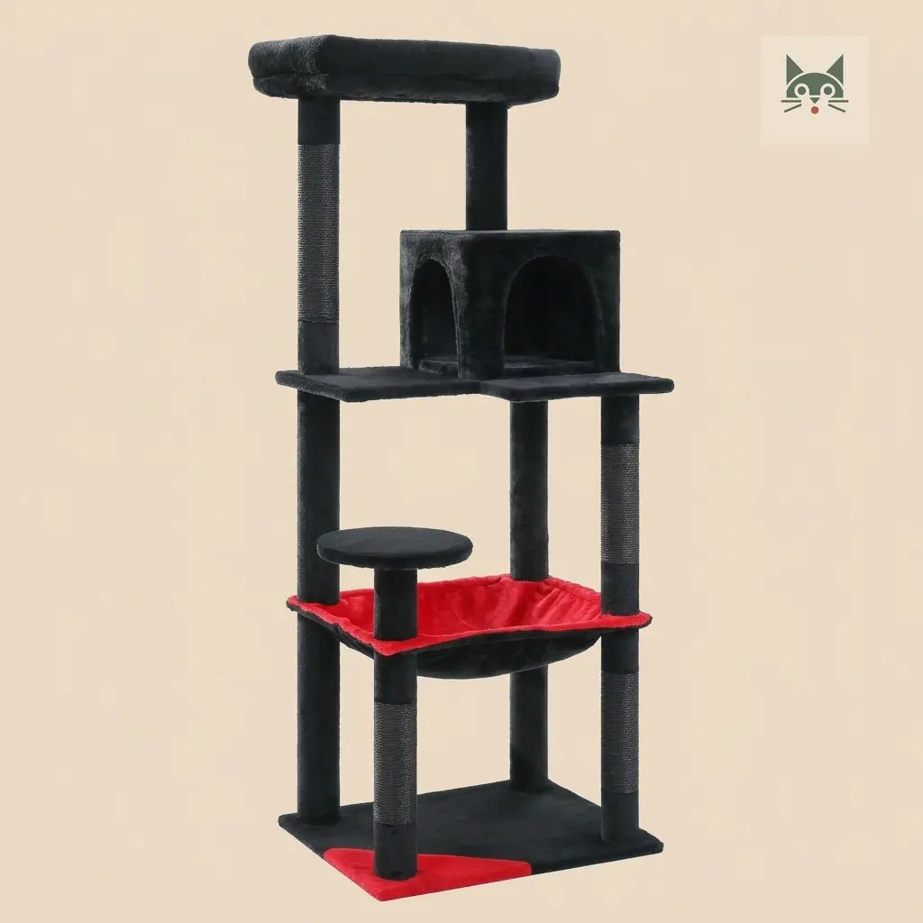 gros arbre à chat noir design avec hamac et niches, structure robuste et moderne pour chat actif  
