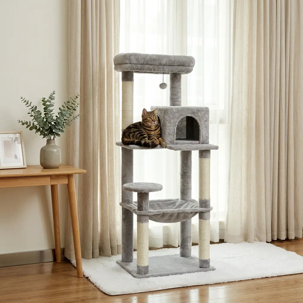 gros arbre à chat gris avec plateforme haute et niche confortable, idéal pour repos et observation du chat  